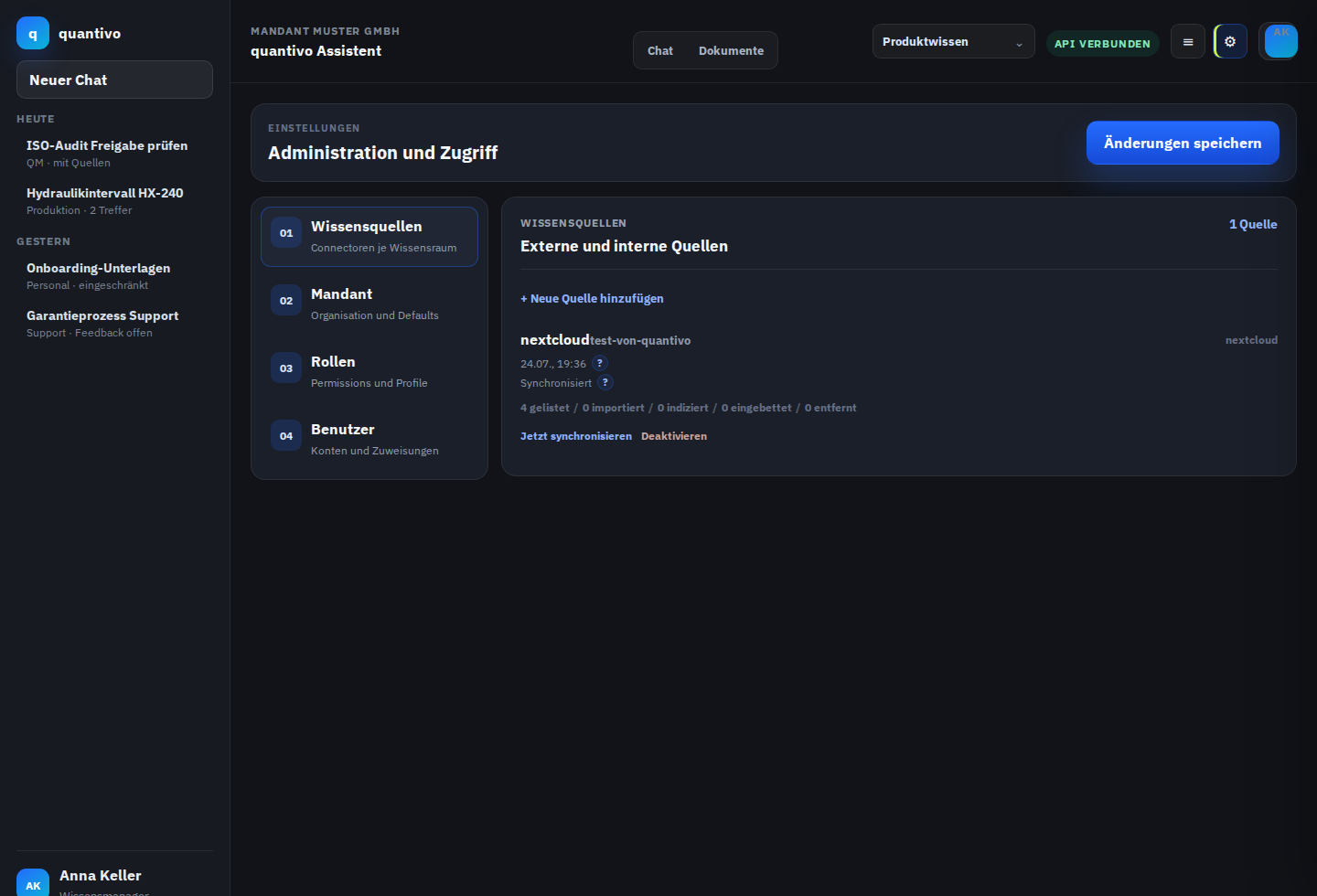 quantivo Einstellungen mit Nextcloud-Wissensquelle und Sync-Status